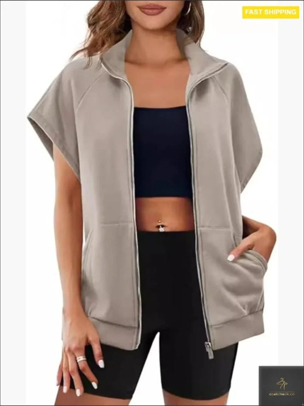 Oversized Zip Up Sweatshirt Short Sleeve Lapel Casual Loose Summer Jacket with